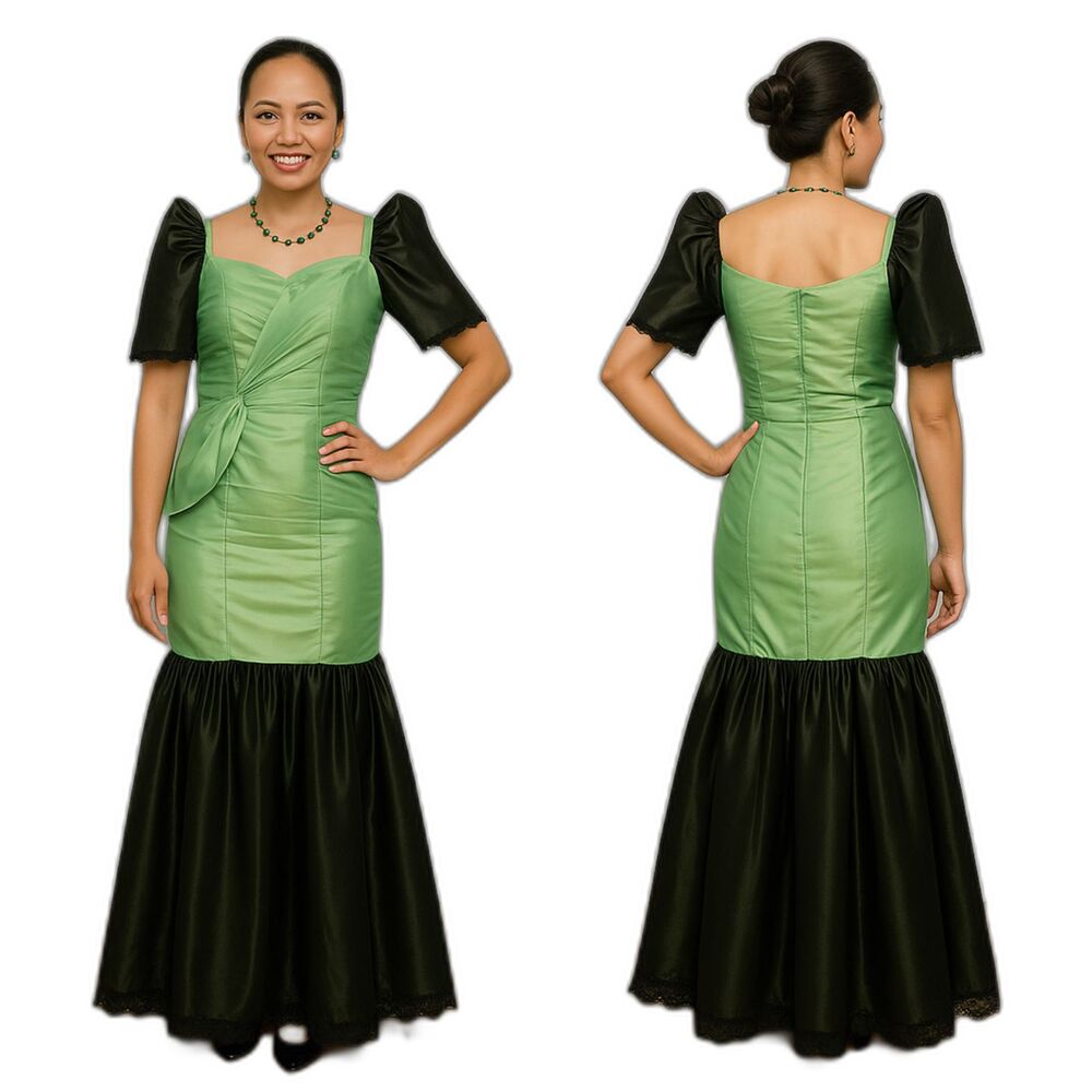 Filipiniana Gown Butterfly Sleeves - XS, Custom Made, Green & Black, Gently Used
